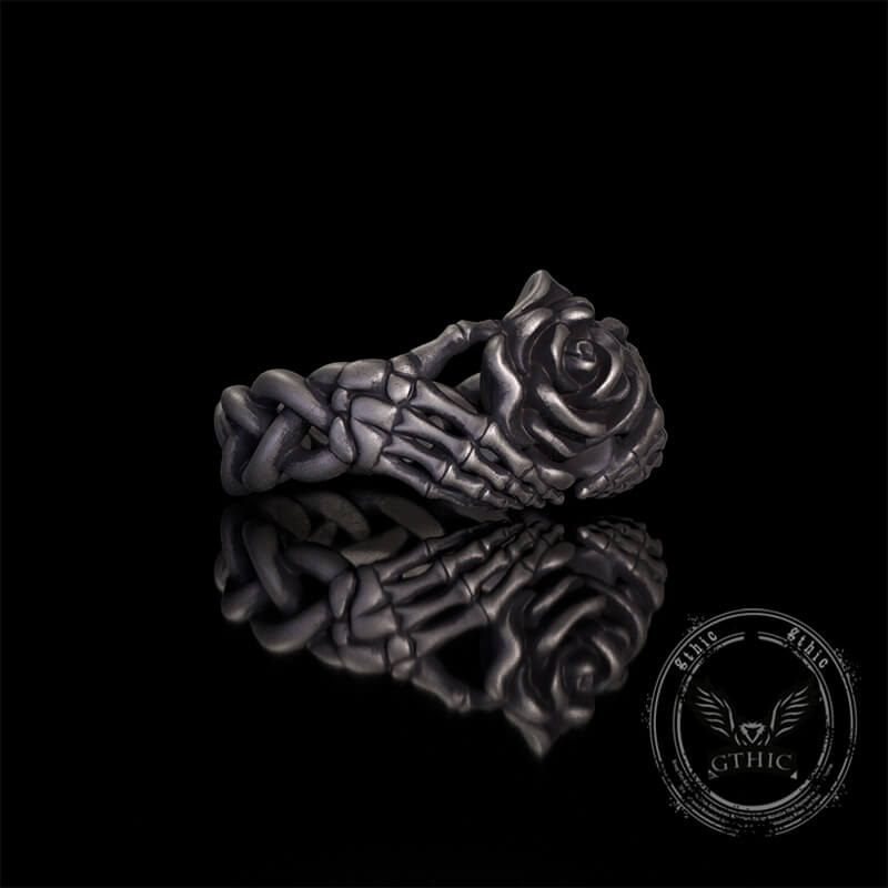 Gothic Heart Skull Hand Holding Rose Sterling Silver Ring