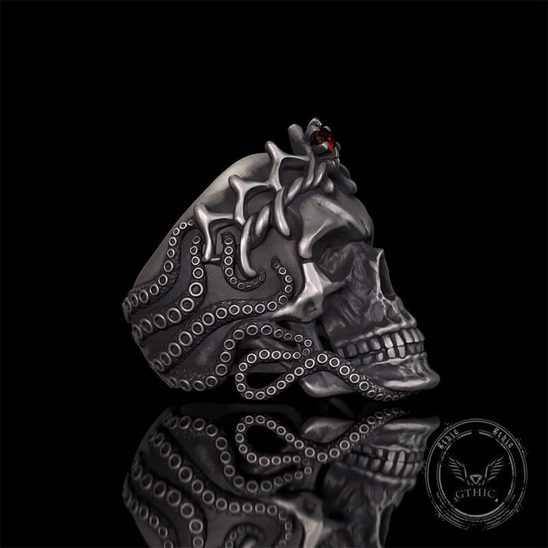 Gothic Octopus Gem Crown Skull Sterling Silver Ring