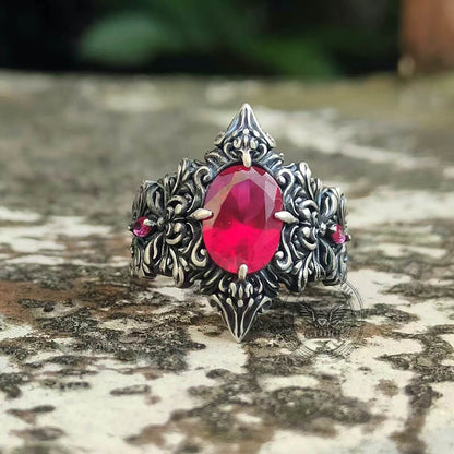 Gothic Pattern Inlaid Red Zircon Sterling Silver Ring