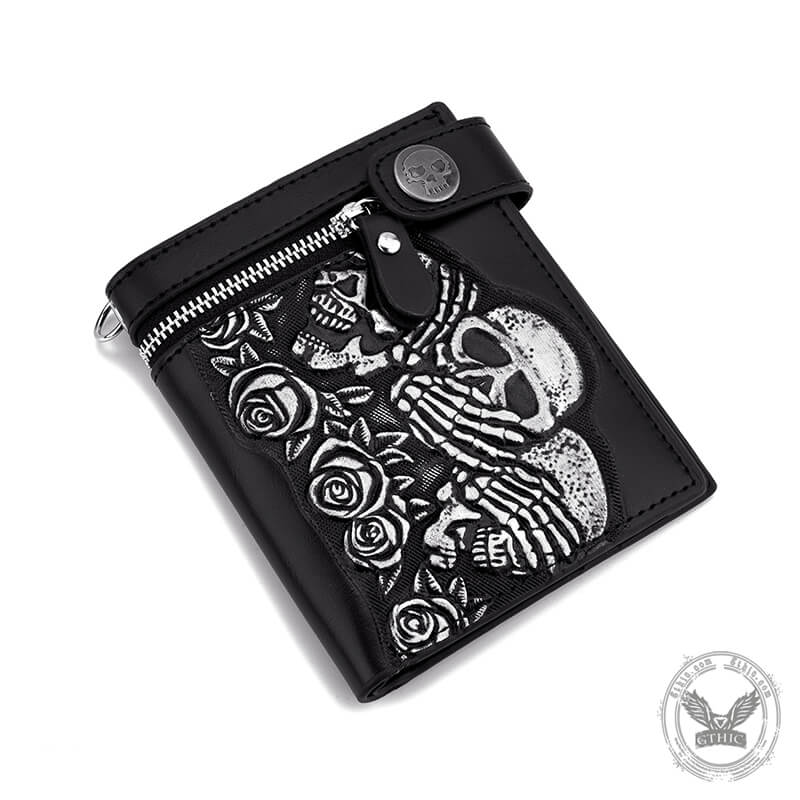 Gothic Rose Skull Bifold Leather Chain Wallet