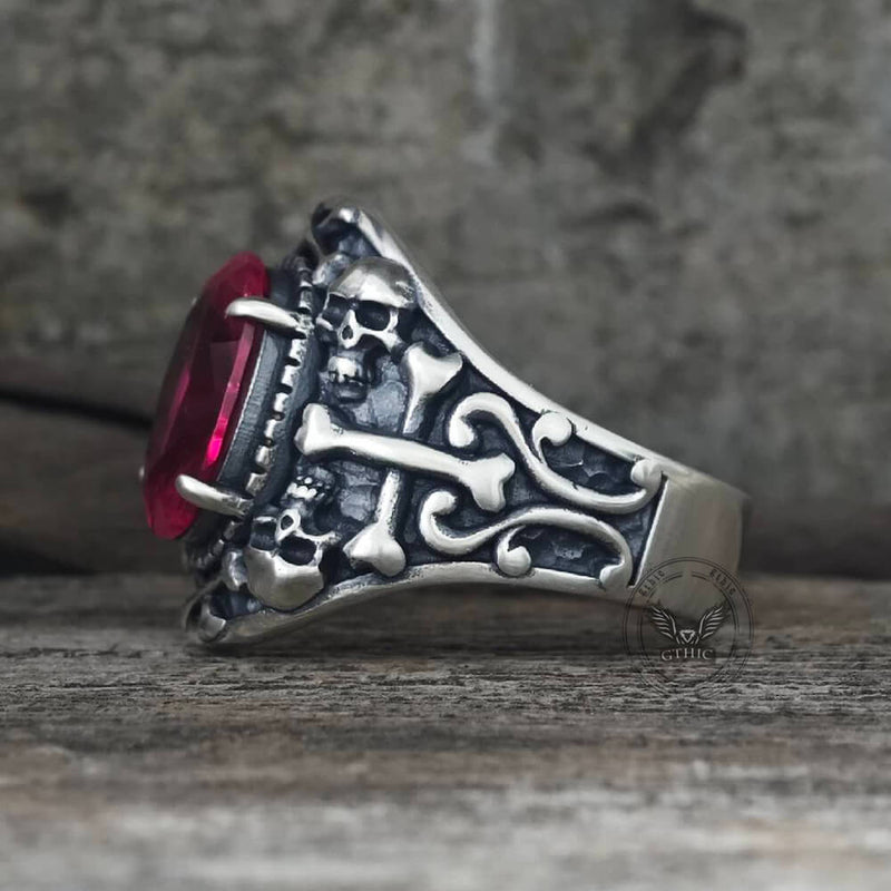 Gothic Skull Crossbones Sterling Silver Gem Ring