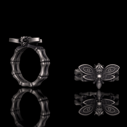 Gothic Skull Moth Bone Gem Sterling Silver Ring