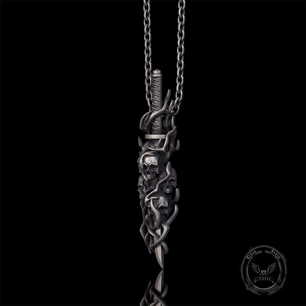 Gothic Skull Thorn Sword Sterling Silver Pendant