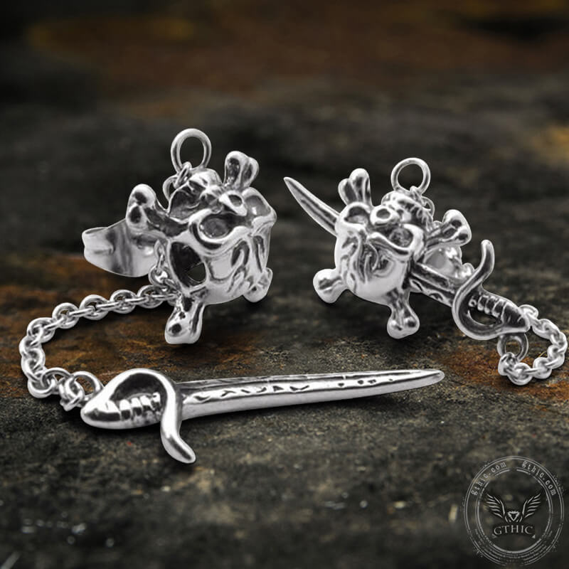 Gothic Sword Crossbone Stainless Steel Skull Stud Earrings