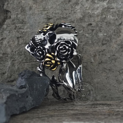 Gothic Vine Rose Skull Gem Sterling Silver Ring