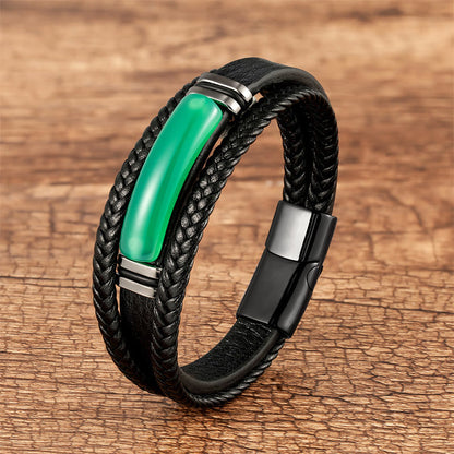 Green Agate Power Multilayered Braided Leather Bracelet 21cm