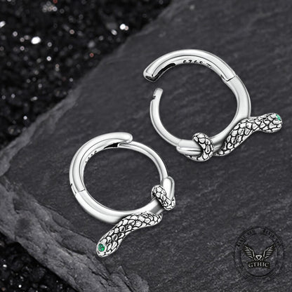 Green Eyed Snake Sterling Silver Hoop Earrings