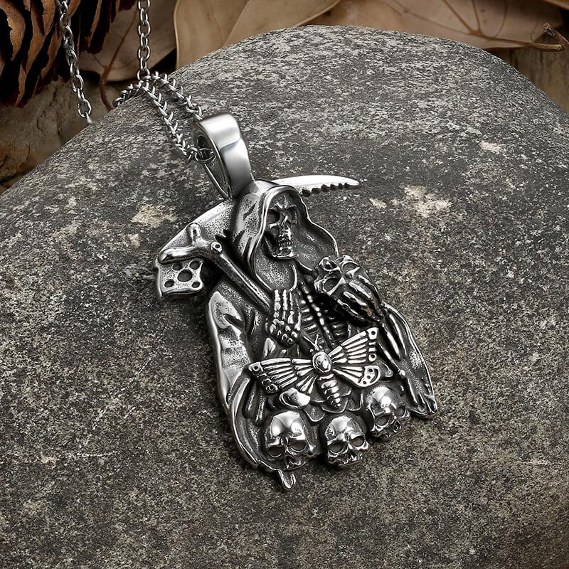 Grim Reaper Moth Stainless Steel Skull Pendant