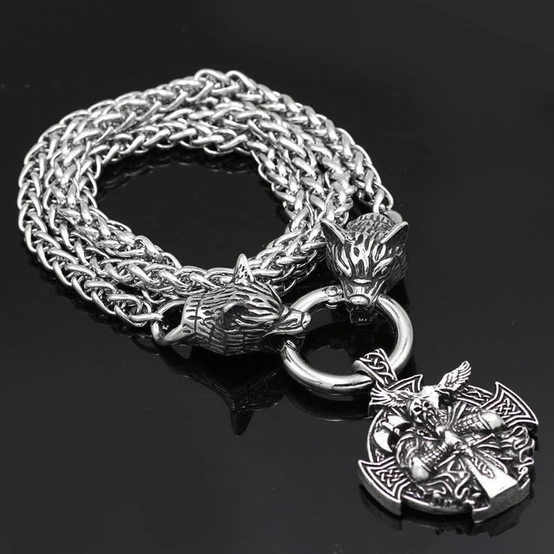 Odin Wolf Raven Stainless Steel Viking Necklace