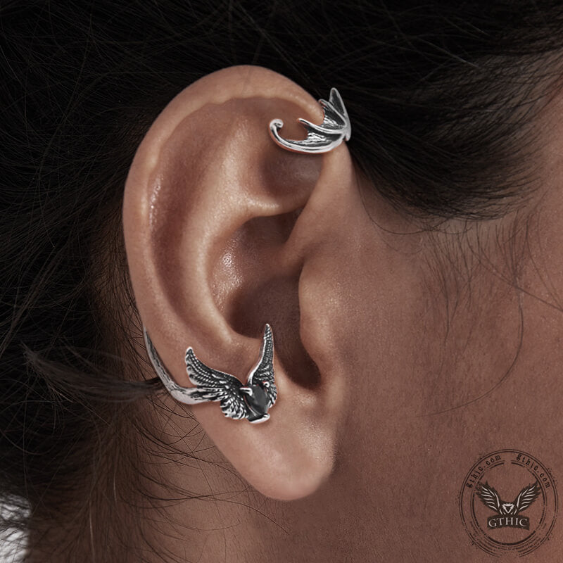 Heart Shape Zircon Devil Wings Stainless Steel Ear Cuff Earrings