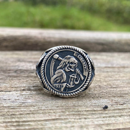 Hobo Nickel Grim Reaper Sterling Silver Skull Ring