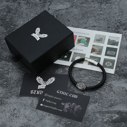 Icelandic Magic Symbol Stainless Steel Leather Bracelet