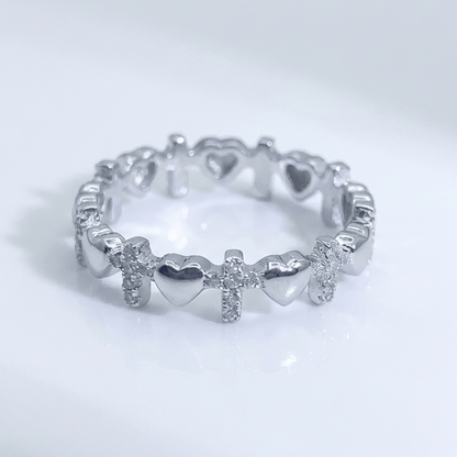 Silver Cross & Hearts Ring