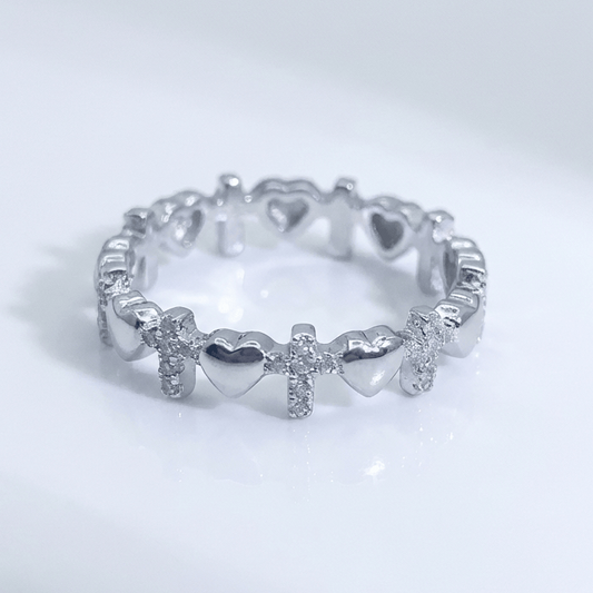 Silver Cross & Hearts Ring