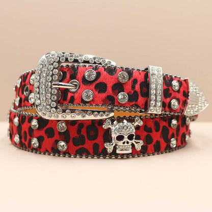 Leopard Print Rhinestone Skull Y2k Pu Leather Belt