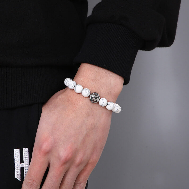 Lion Head Agate Stone Stainless Steel Bead Bracelet