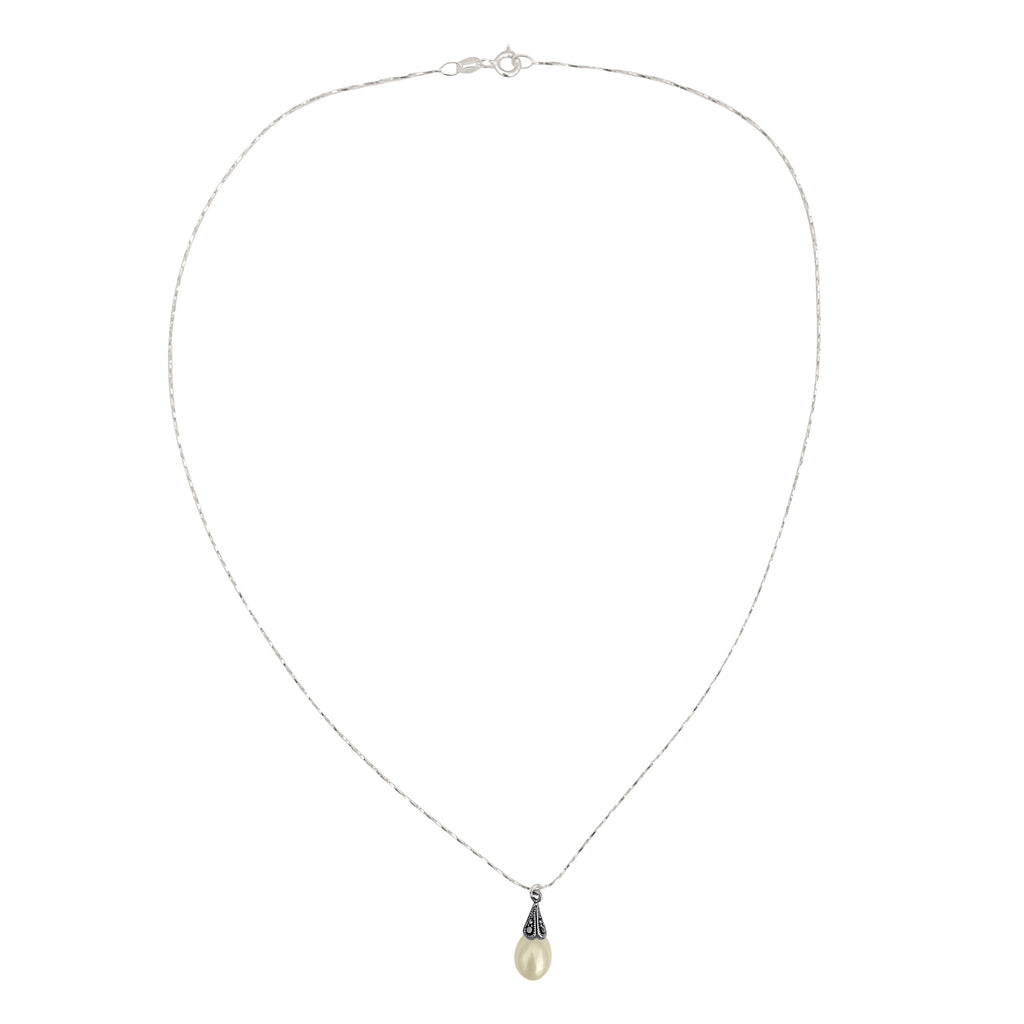 Antiqued Sterling Silver Marcasite Freshwater Pearl Pendant Delicate Chain Necklace, 18"