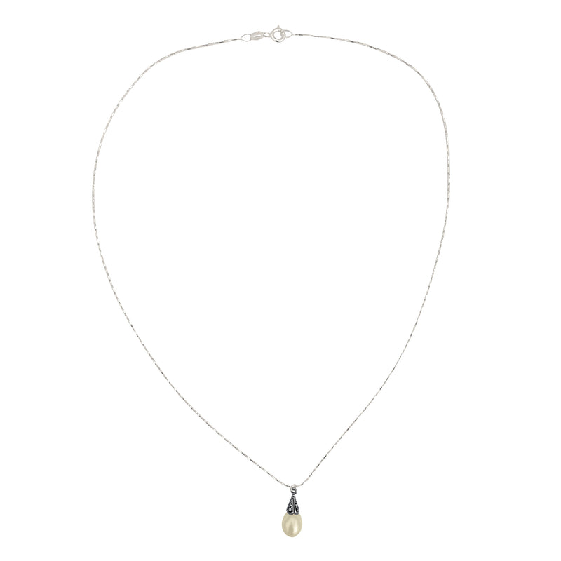 Antiqued Sterling Silver Marcasite Freshwater Pearl Pendant Delicate Chain Necklace, 18