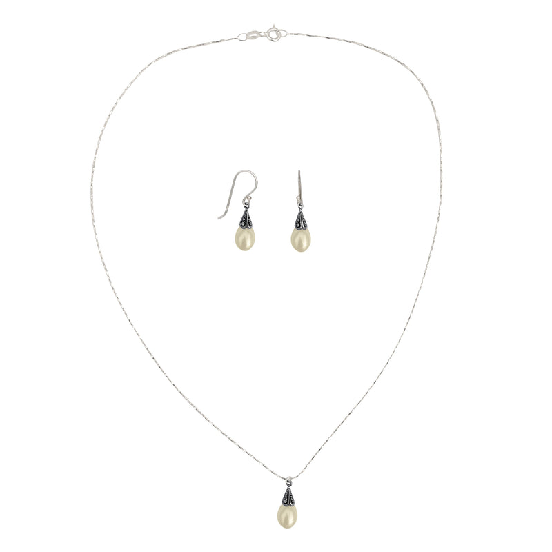 Antiqued Sterling Silver Crystal Marcasite Pearl Pendant Necklace and Earring Jewelry Set