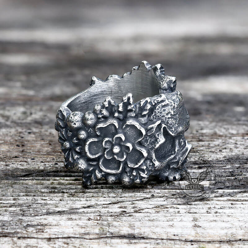 Mexican Flower Stainless Steel Sugar Skull Ring