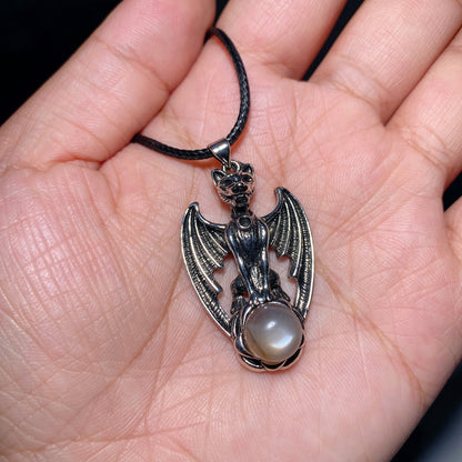 Moonstone Pendant With Crystal Decor Metal Bat 5cm
