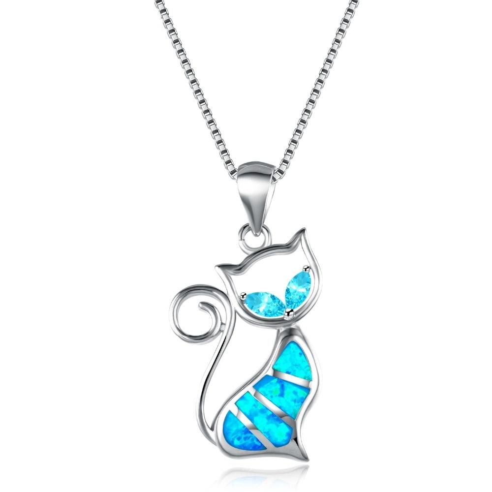 Blue Fire Opal Cat Sterling Silver Necklace