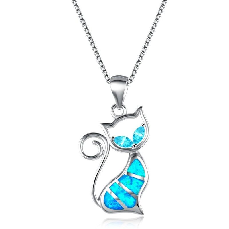 Blue Fire Opal Cat Sterling Silver Necklace