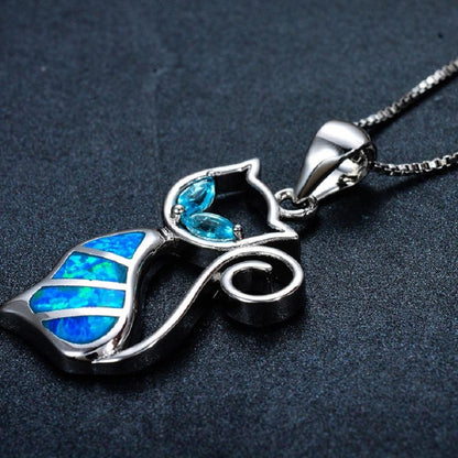 Blue Fire Opal Cat Sterling Silver Necklace