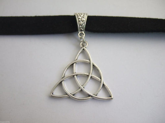 Celtic Trinity Knot Black Flat Faux Suede Necklace