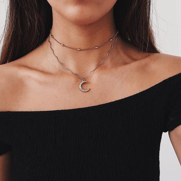 Double Layer Crystal Moon Necklace