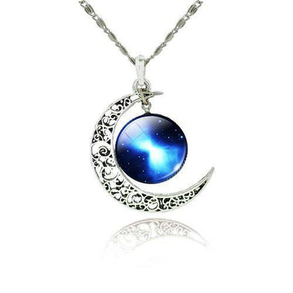 Galaxy Cabochon Crescent Moon Silver Necklace