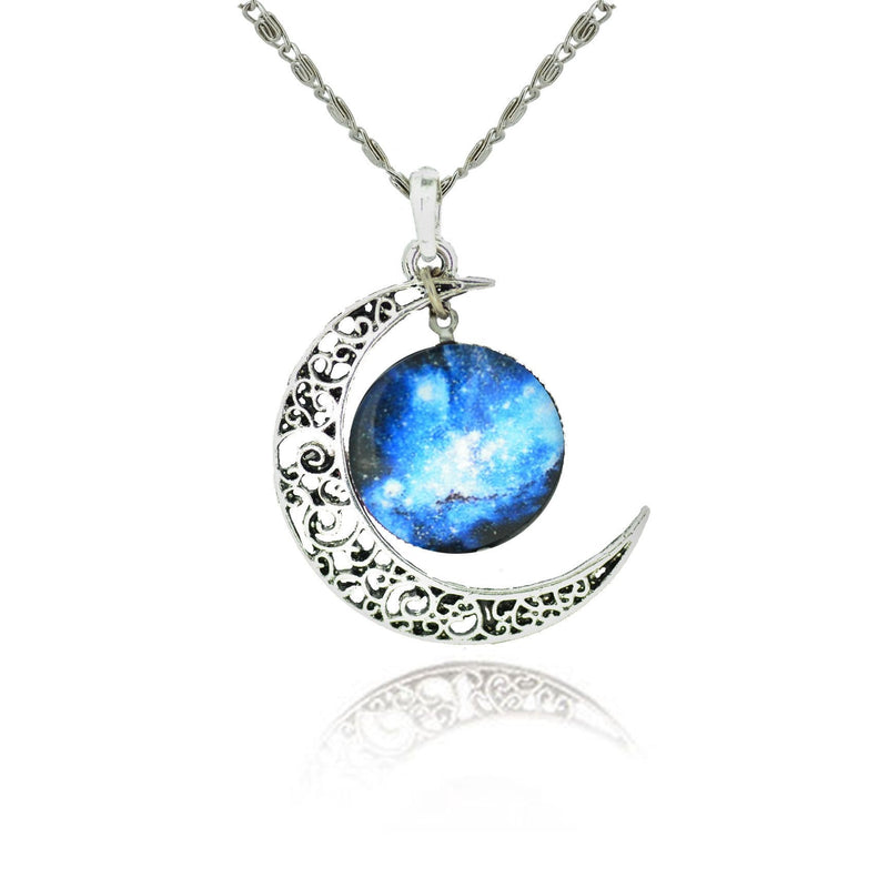 Galaxy Cabochon Crescent Moon Silver Necklace
