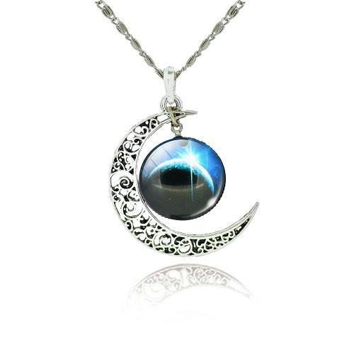 Galaxy Cabochon Crescent Moon Silver Necklace