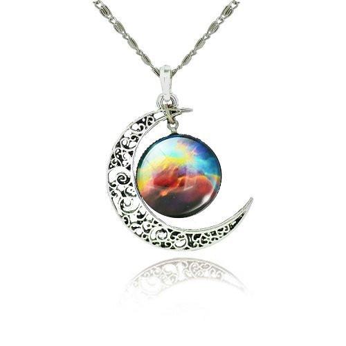 Galaxy Cabochon Crescent Moon Silver Necklace