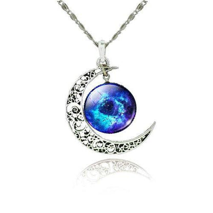 Galaxy Cabochon Crescent Moon Silver Necklace