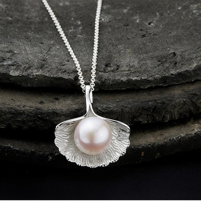 Pearl in Ginkgo Leaf Sterling Silver Necklace
