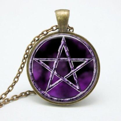 Pentacle Wiccan Pendant Talisman - Unique Glass & Bronze Necklace