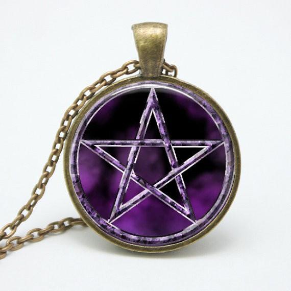 Pentacle Wiccan Pendant Talisman - Unique Glass & Bronze Necklace