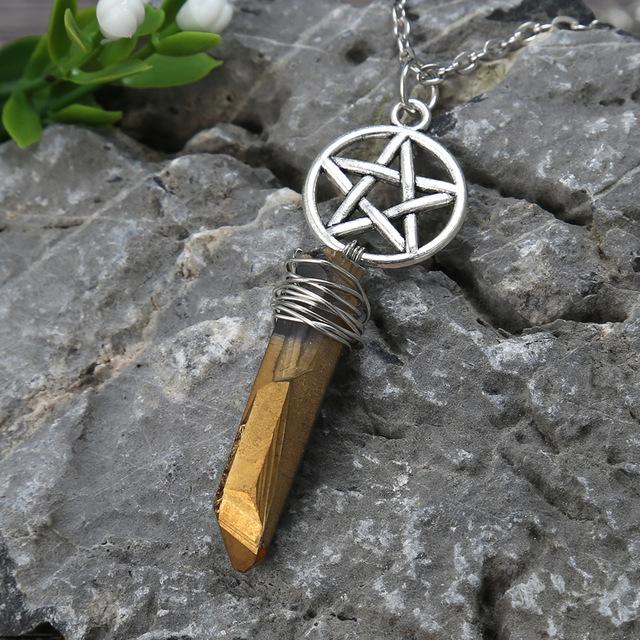 Wicca Charm & Aura Quartz Necklace