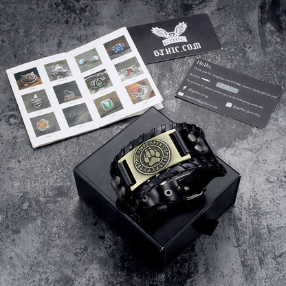 Nordic Wolf Paw Runes Leather Viking Bracelet