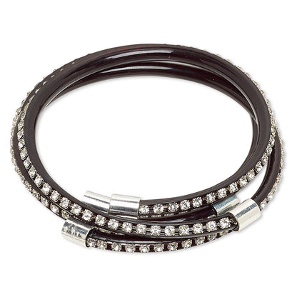 Two Adjustable Rhinestone Black Pvc Silver Capped 80's Gothic Wrap Bracelets