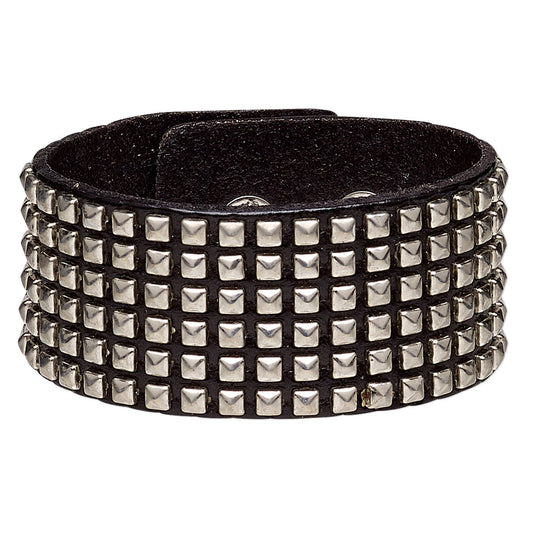 Extra Wide Black Leather Steel Square Studded Gothic Bracelet