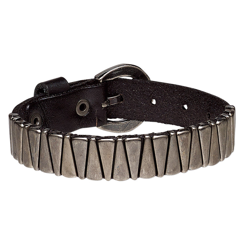 Modern Gothic Gunmetal Steel Triangles Black Leather Bracelet