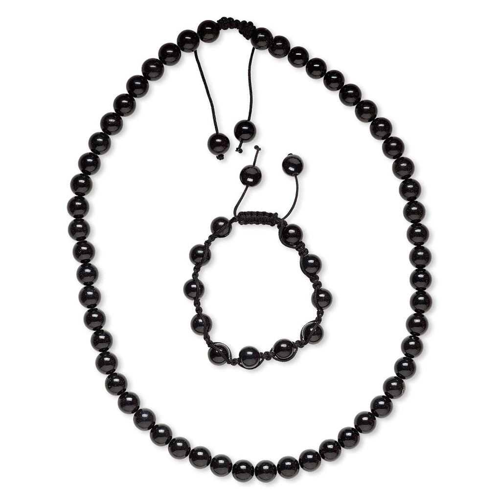 Natural Black Obsidian 10mm Bead Necklace and Bracelet Set, With Black Nylon Macrame Knot Closure, Adjustable