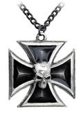 Pewter Iron Cross Pendant With Skull and Black Enamel