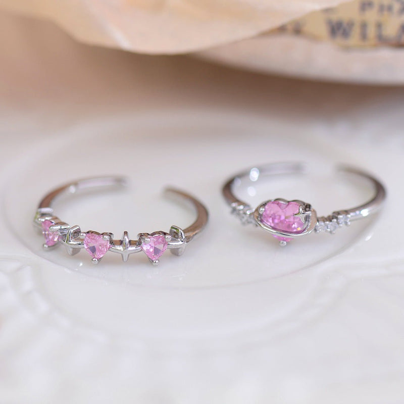 [] Pink Heart Ring Set