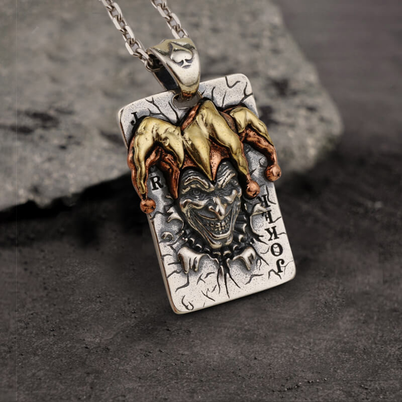 Poker Joker Sterling Silver Skull Pendant