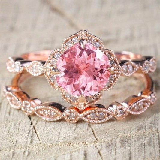 Pink Rhinestones Flower Ring Set
