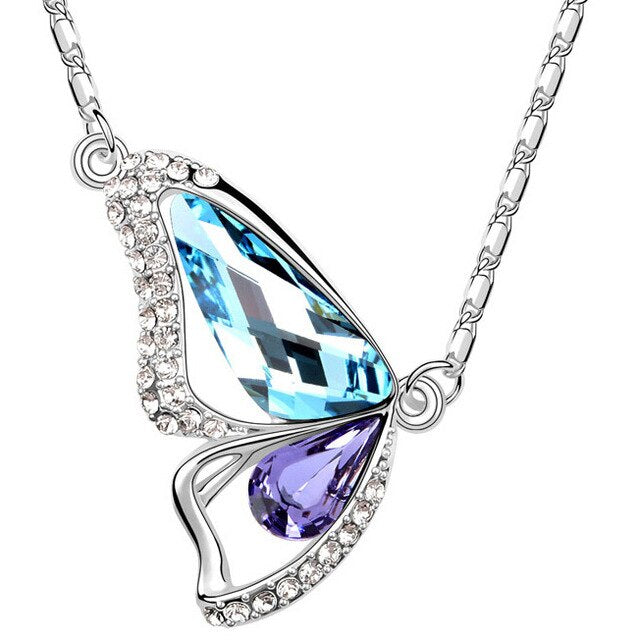 Butterfly Crystals Pendant Silver Plated Necklace