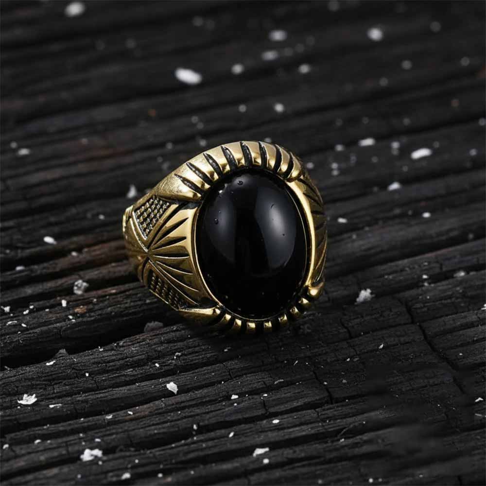 Punk Black Gemstone Stainless Steel Biker Ring